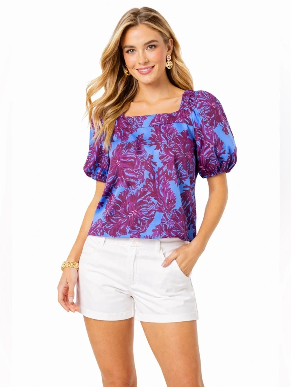 Lilly Pulitzer Torrey Floral Tie Back Top 10 Stretch Poplin Puff Sleeves Preppy